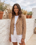 Women's Slim Fit Faux Suede Biker Jacket with Zip Pockets