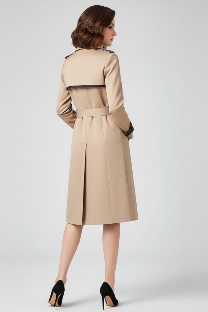 Women's Double-Breasted Belted Trench Coat with Contrast Trim