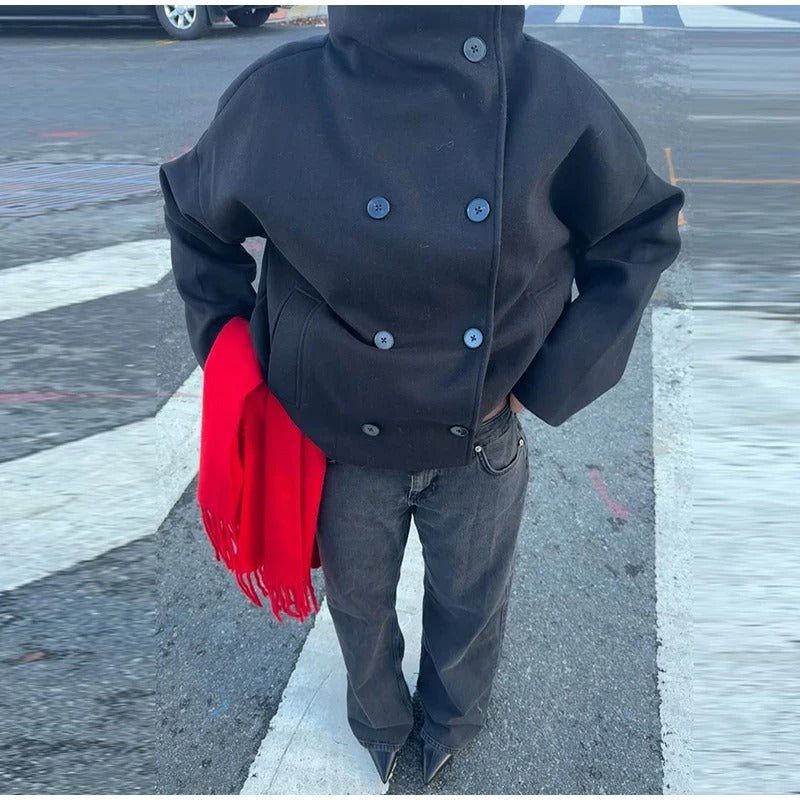 Women's Oversized Funnel Neck Double-Breasted Coat