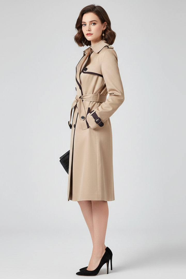 Women's Double-Breasted Belted Trench Coat with Contrast Trim