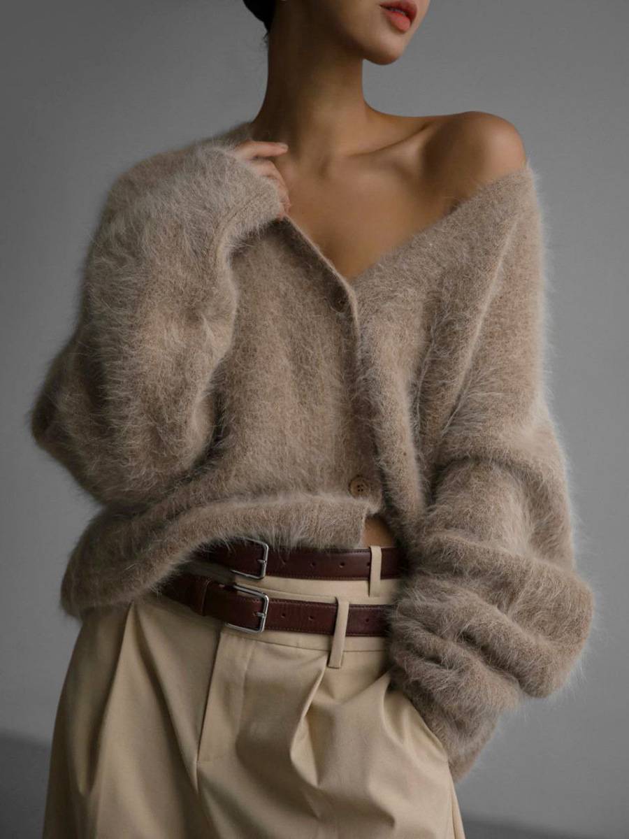 Women's Fluffy V-Neck Cropped Button Cardigan