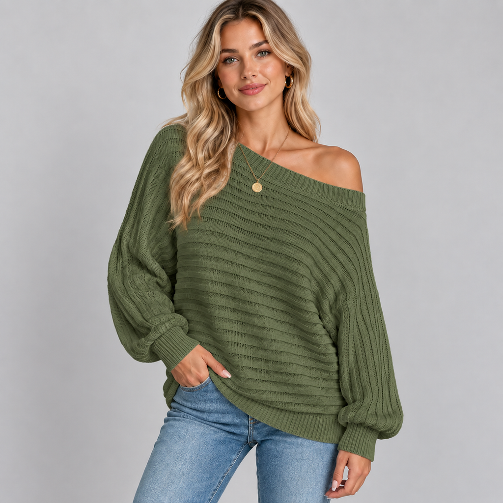 Women's Off-Shoulder Ribbed Knit Batwing Sweater