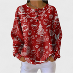 Women's Christmas Print Waffle Knit Long Sleeve Henley Top