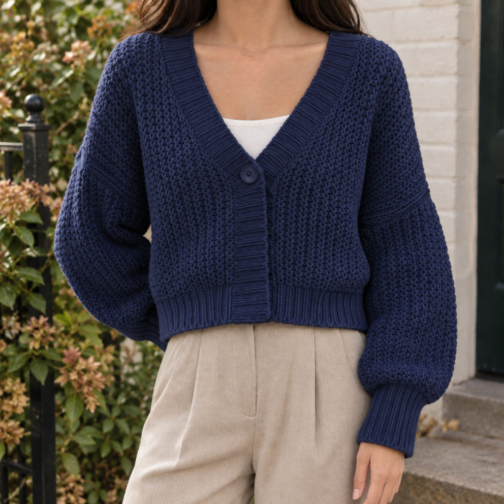 Women’s Chunky Knit Cropped V-Neck Button Cardigan