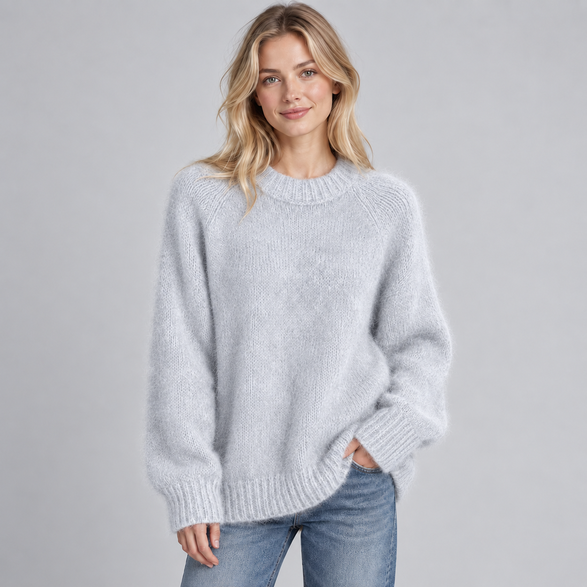 Women's Oversized Fluffy Knit Raglan Crew Neck Sweater