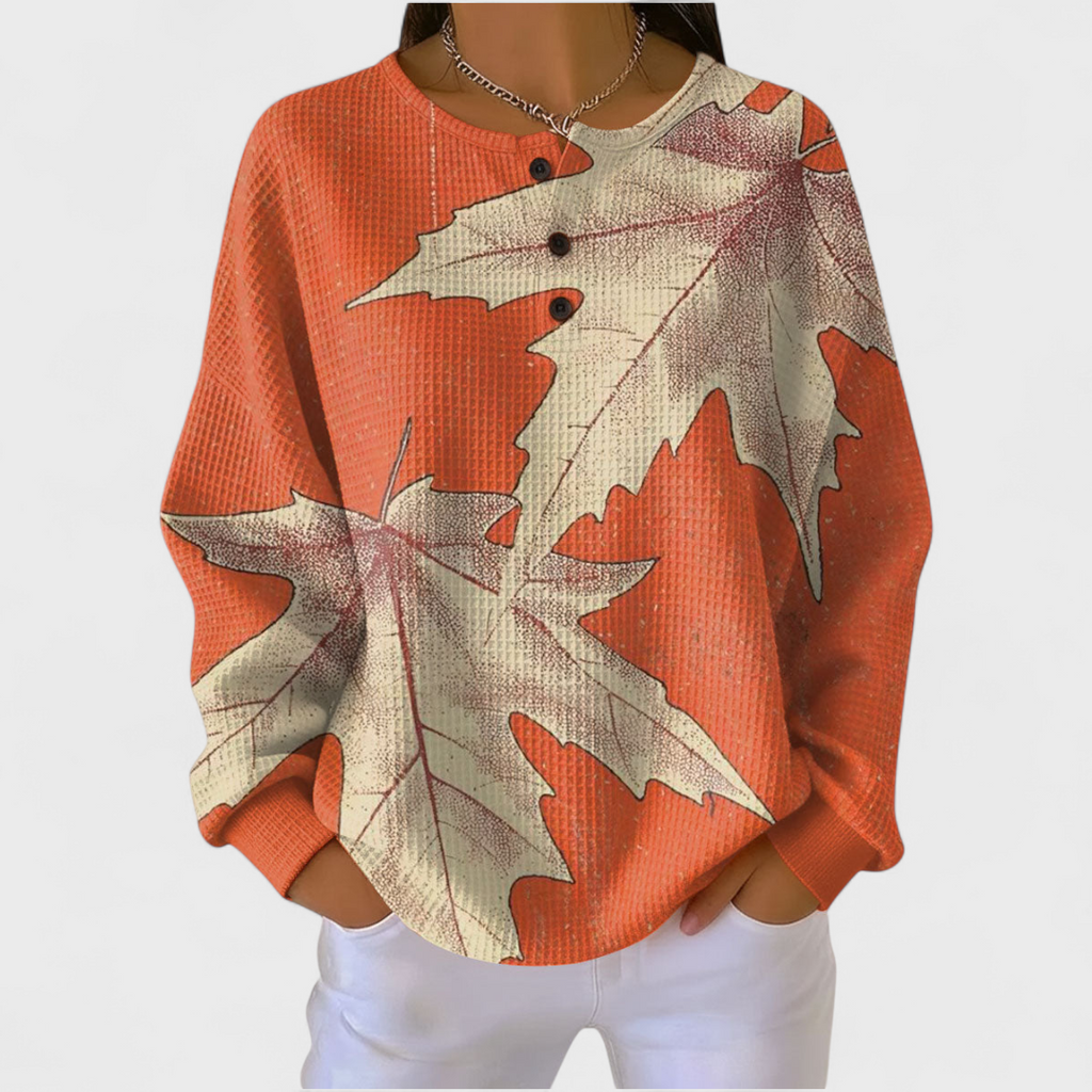 Women's Christmas Print Waffle Knit Long Sleeve Henley Top