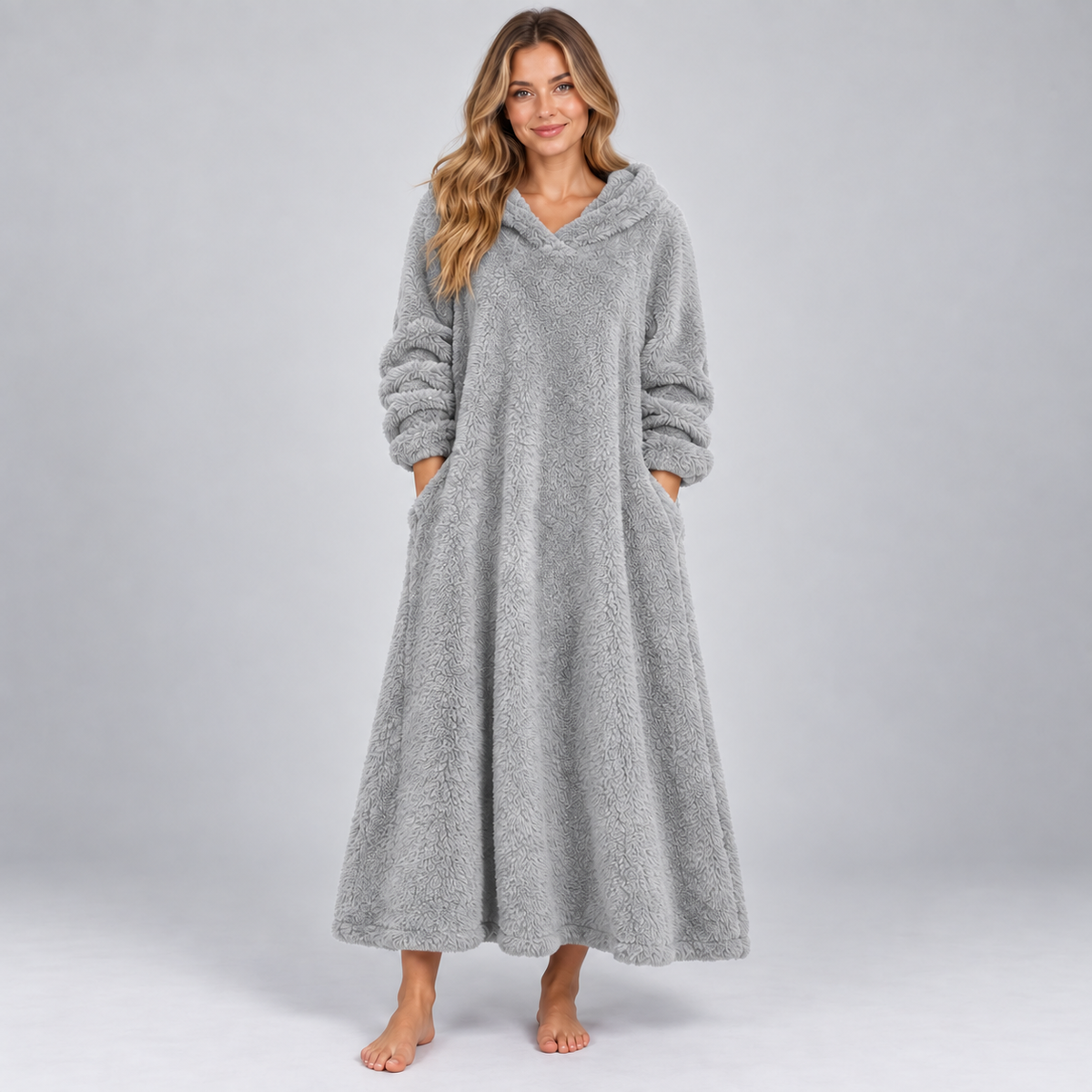 Women's Hooded Teddy Fleece Maxi Lounge Dress with Pockets