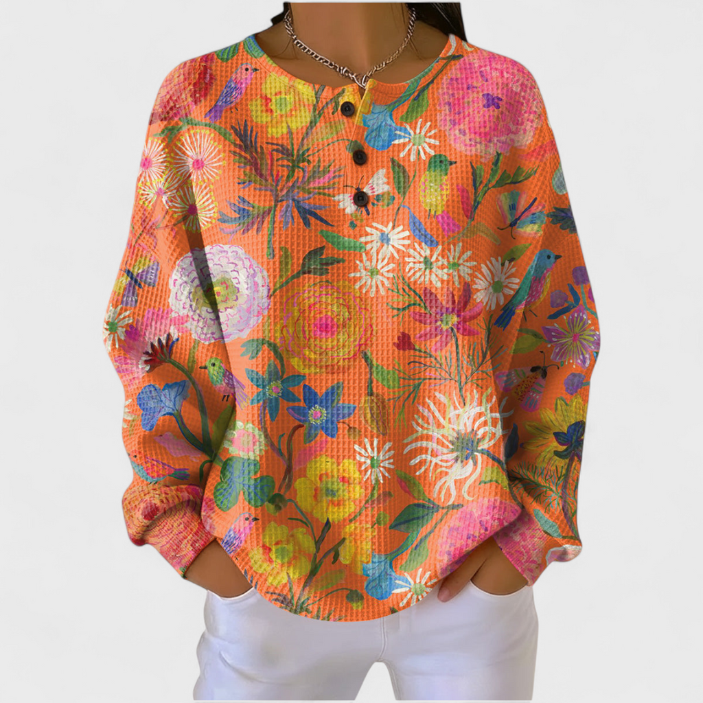 Women's Christmas Print Waffle Knit Long Sleeve Henley Top