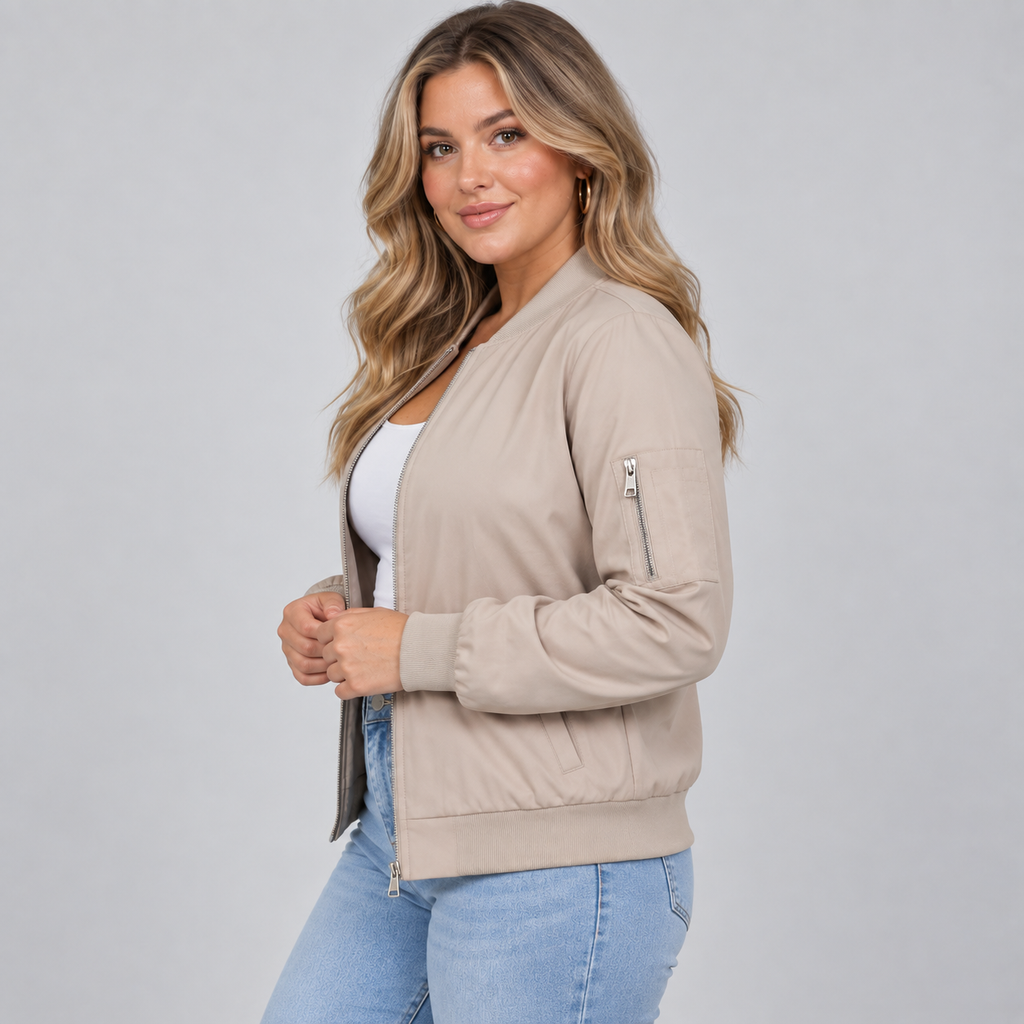 Women's Lightweight Bomber Jacket with Utility Sleeve Pocket