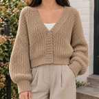 Women’s Chunky Knit Cropped V-Neck Button Cardigan