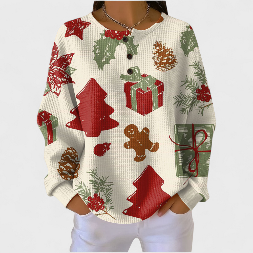 Women's Christmas Print Waffle Knit Long Sleeve Henley Top