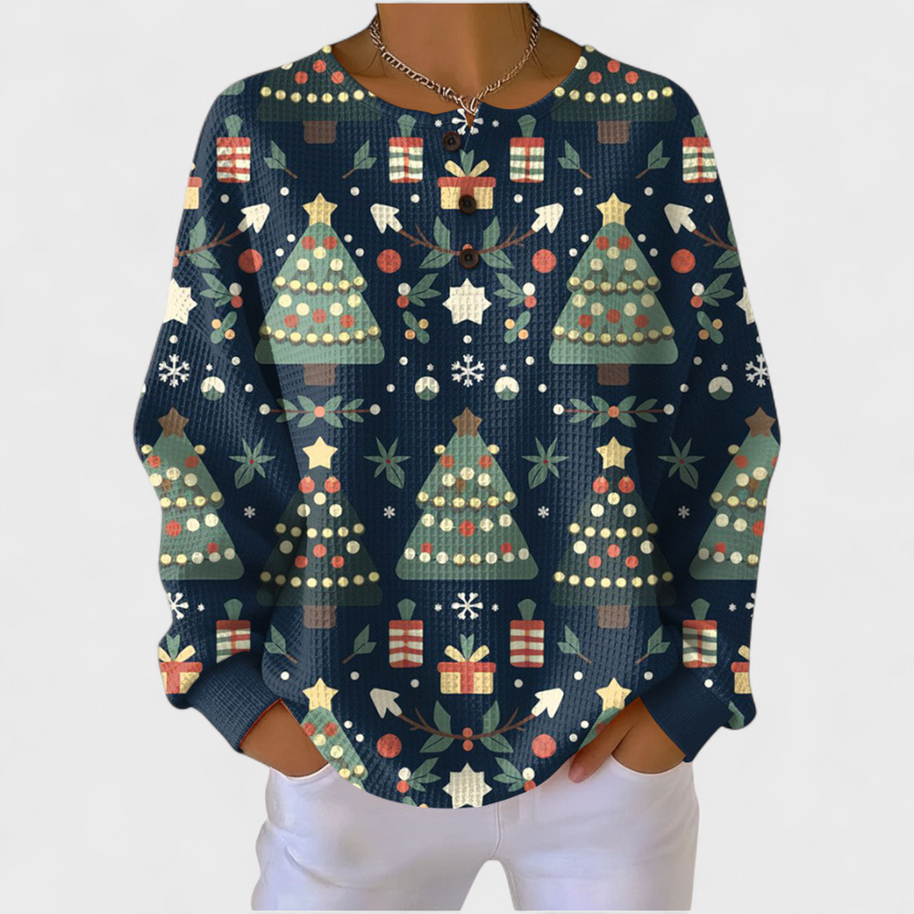 Women's Christmas Print Waffle Knit Long Sleeve Henley Top