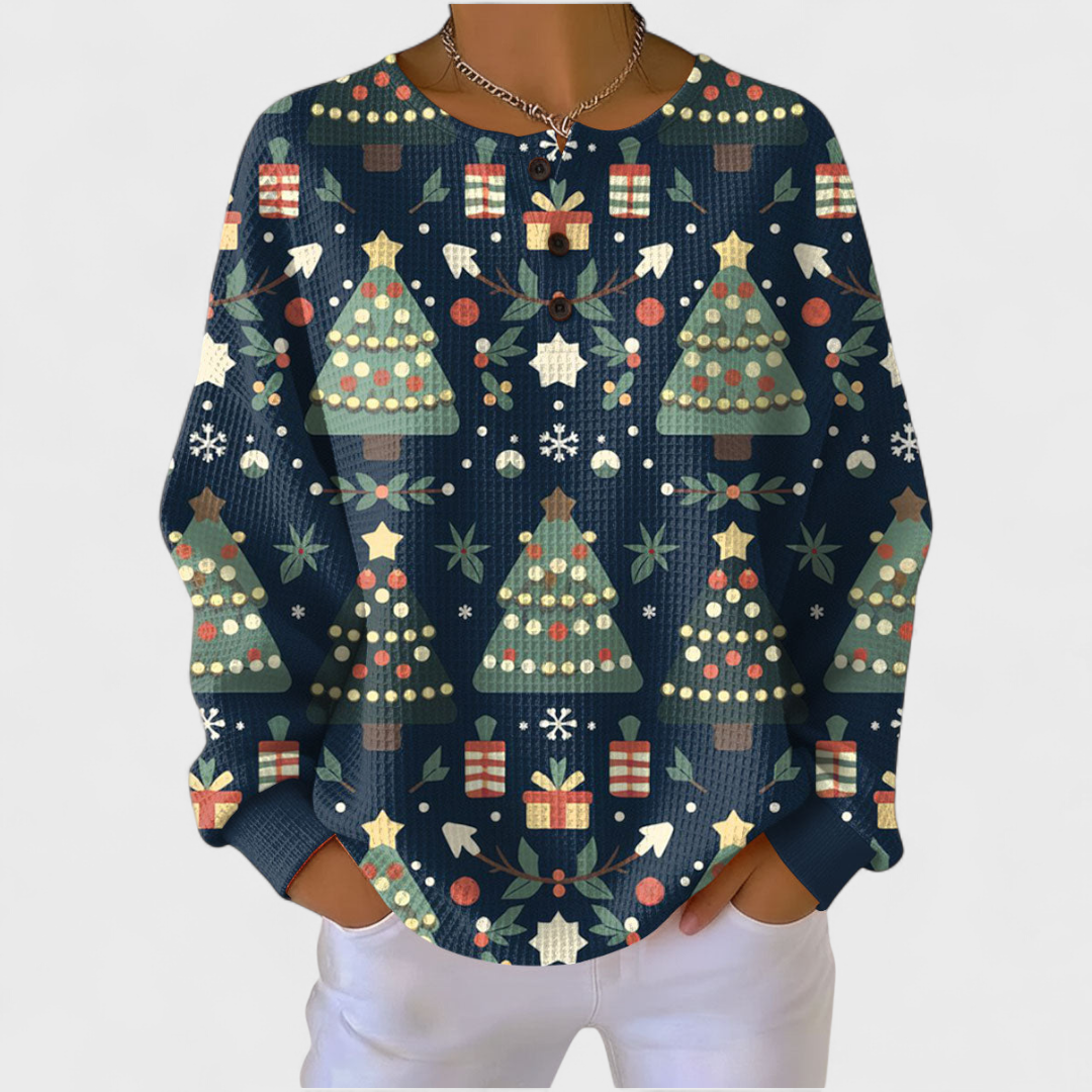 Women's Christmas Print Waffle Knit Long Sleeve Henley Top