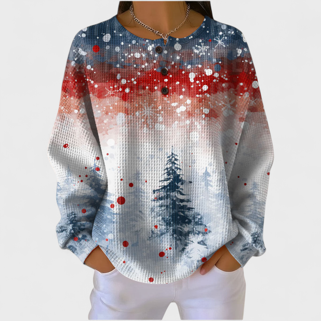 Women's Christmas Print Waffle Knit Long Sleeve Henley Top